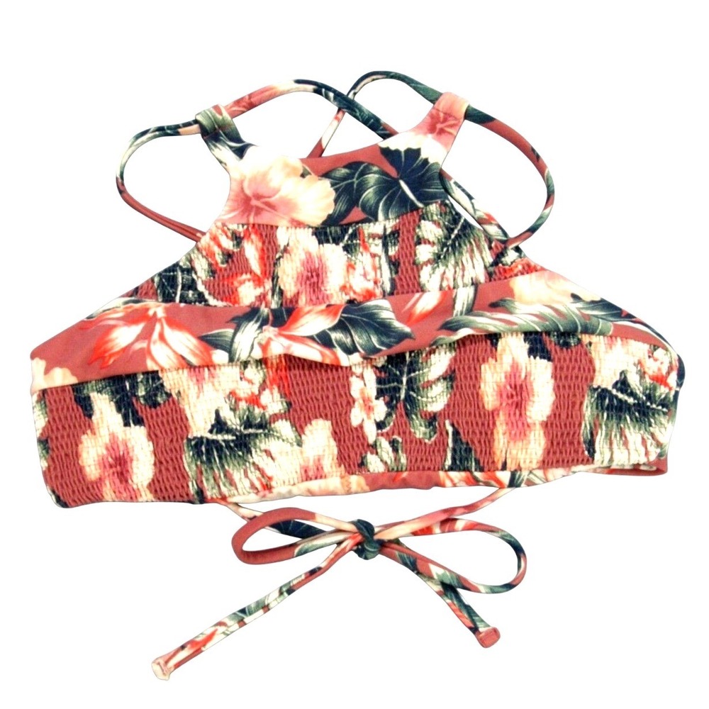 TORI PRAVER ROSE/MULTI Floral SMOCKED Hi-Neck STRAPPY Bikini Swim Suit Top S